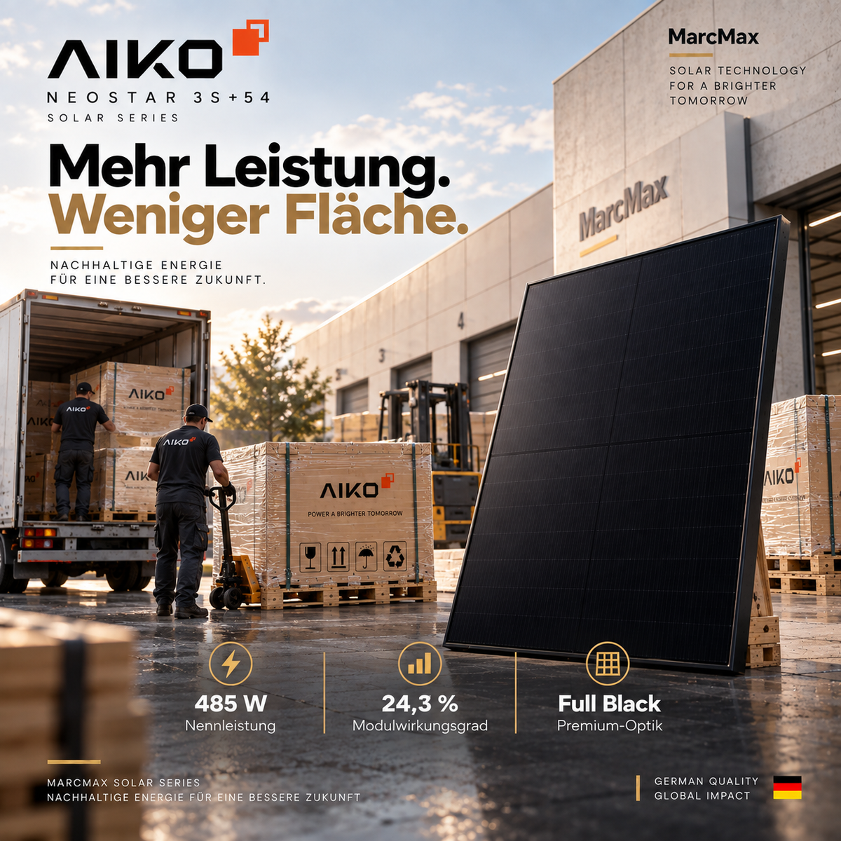 AIKO Neostar N-Type ABC 485W Full Black dual glass Solar Panel Palette