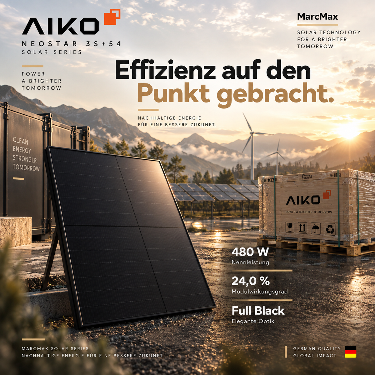 AIKO Neostar N-Type ABC 480W Full Black dual glass Solar Panel Palette