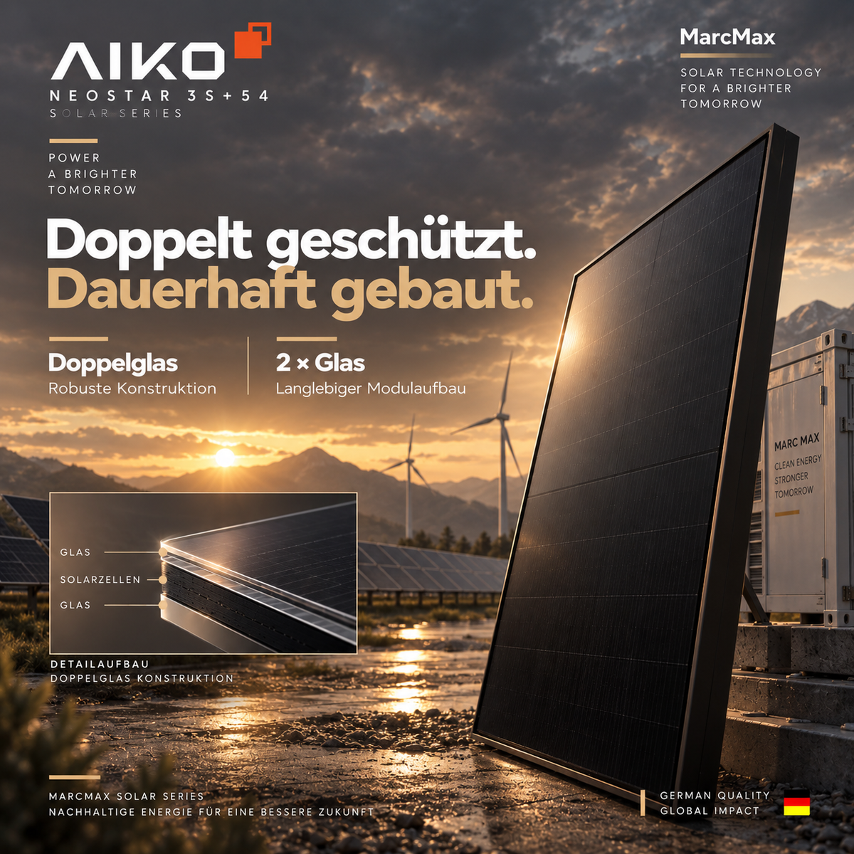 AIKO Neostar N-Type ABC 480W Full Black dual glass Solar Panel Palette
